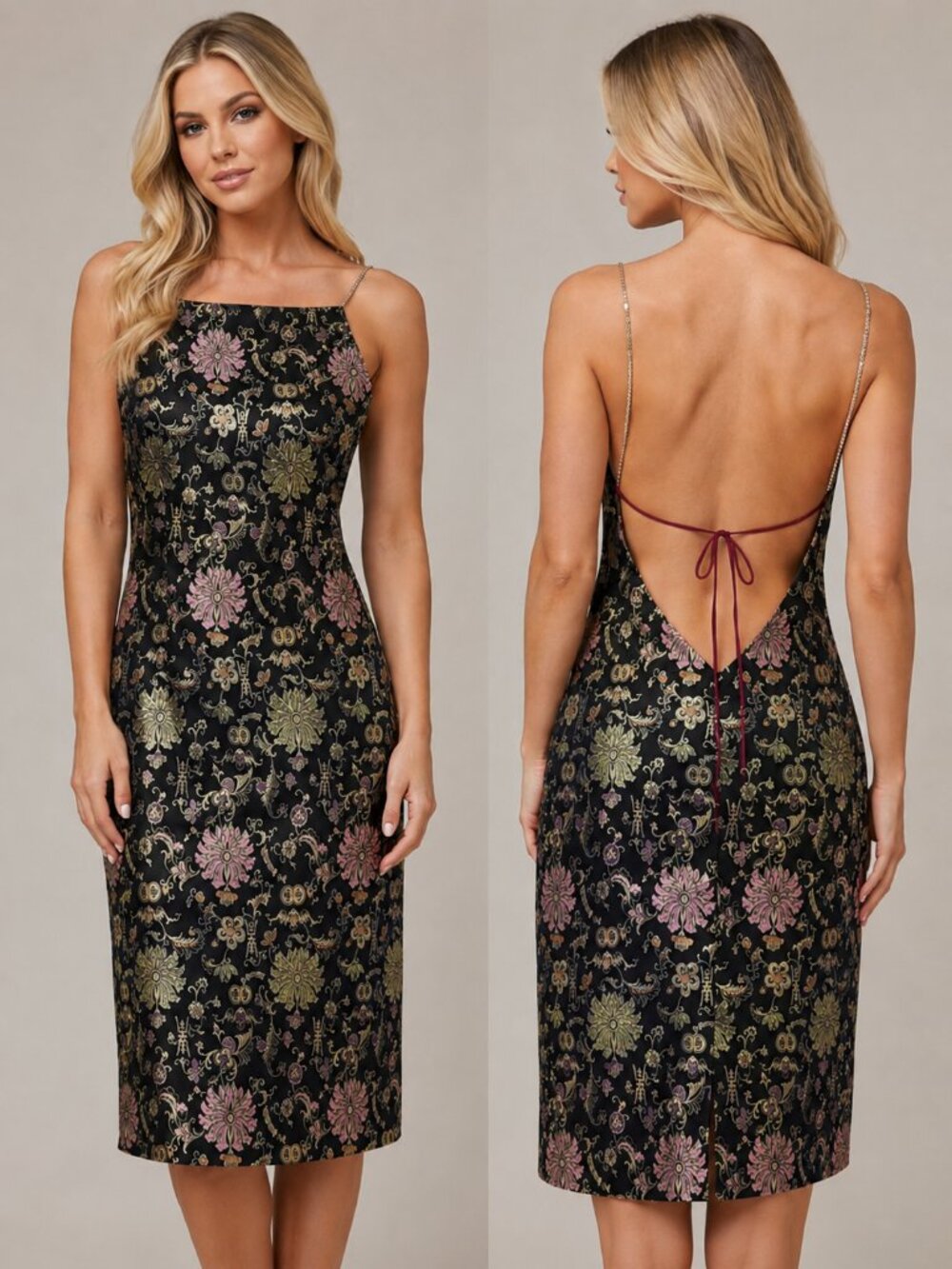 Vintage ABS Allen Schwartz Metallic Brocade Rhinestone Strap Backless Dress 10